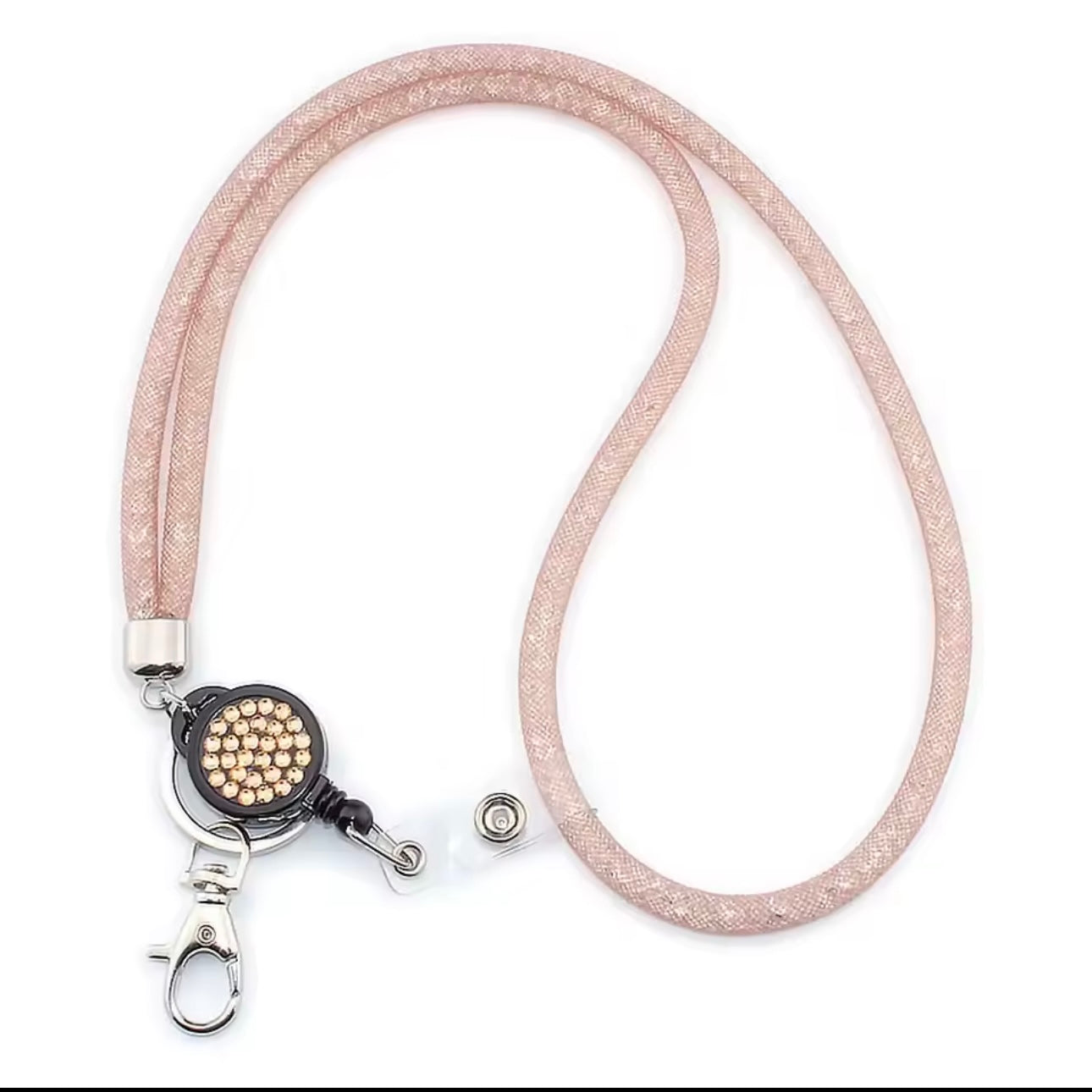 Portacredencial piedritas rosa pálido